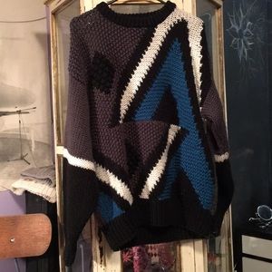 Vintage Ugly Sweater Teal Black Grey and White